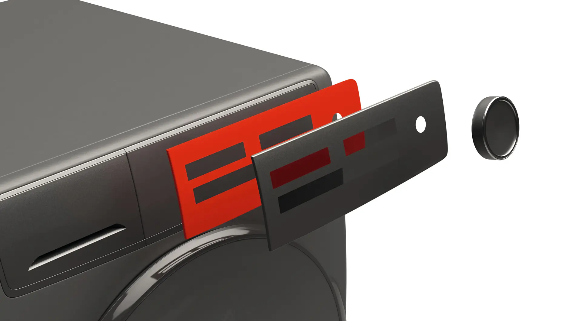 tesa black adhesive strip being applied to a gray washing machine door in a close-up indoor setting (This text has been generated by AI)