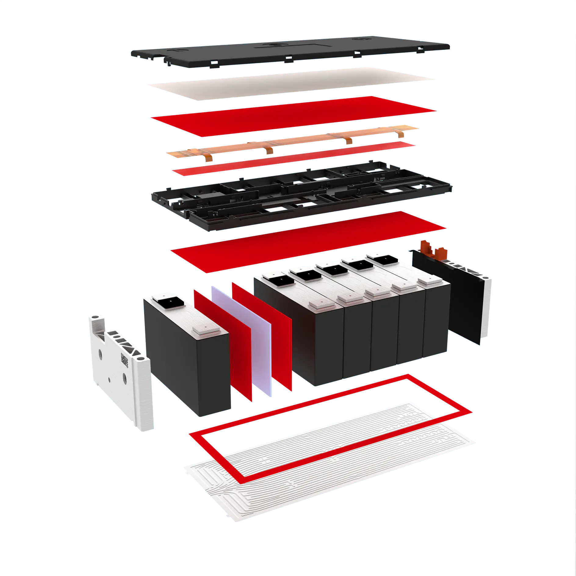 exploded view of a black and red rectangular device with multiple layers and compartments displayed separately on a white background (This text has been generated by AI)