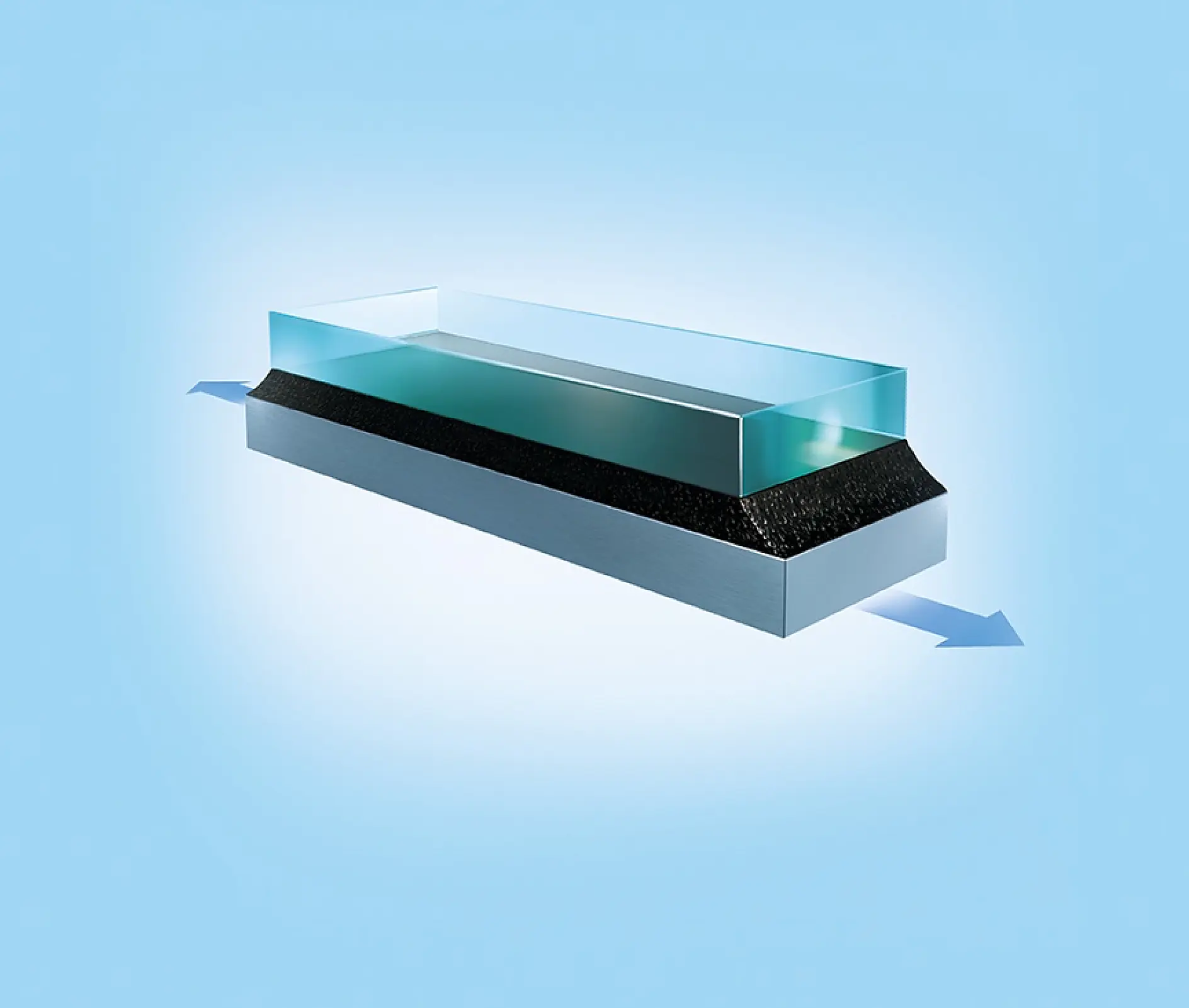 Image of a rectangular glass block with beveled edges resting on a black textured surface. A light blue arrow points right from underneath, with the background in a solid light blue color.