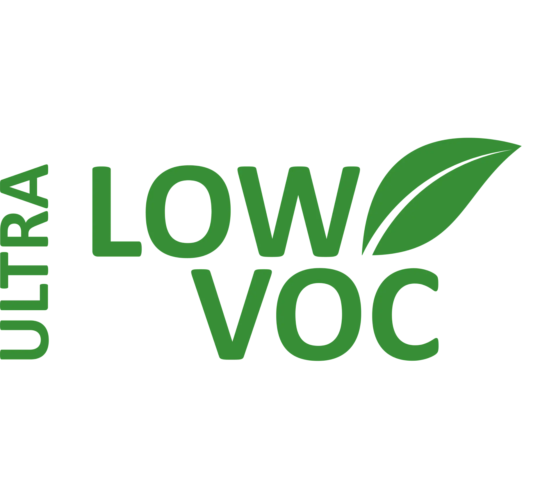 Green text on a black background reads ULTRA LOW VOC, with the word ULTRA vertically aligned. A green leaf graphic is incorporated into the letter W. All of this is held together with tesa tape to ensure a secure and clean presentation.