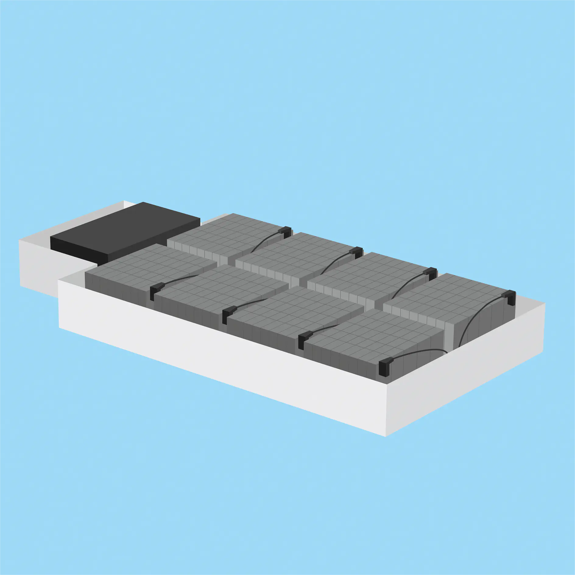 A 3D render of a USB flash drive with a grid pattern and curved segments on its cover. The design features a white body, black accent, and subtle details. The background is light blue.