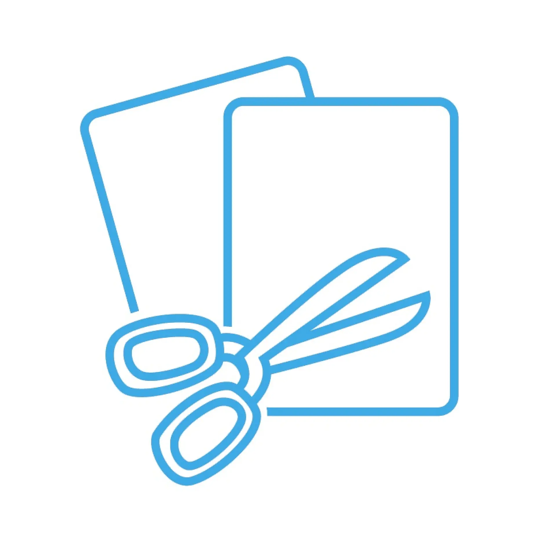 Icon depicting two overlapping rectangular paper sheets and a pair of scissors in the blue outline, with references to tesa tape. (This text has been generated by AI)