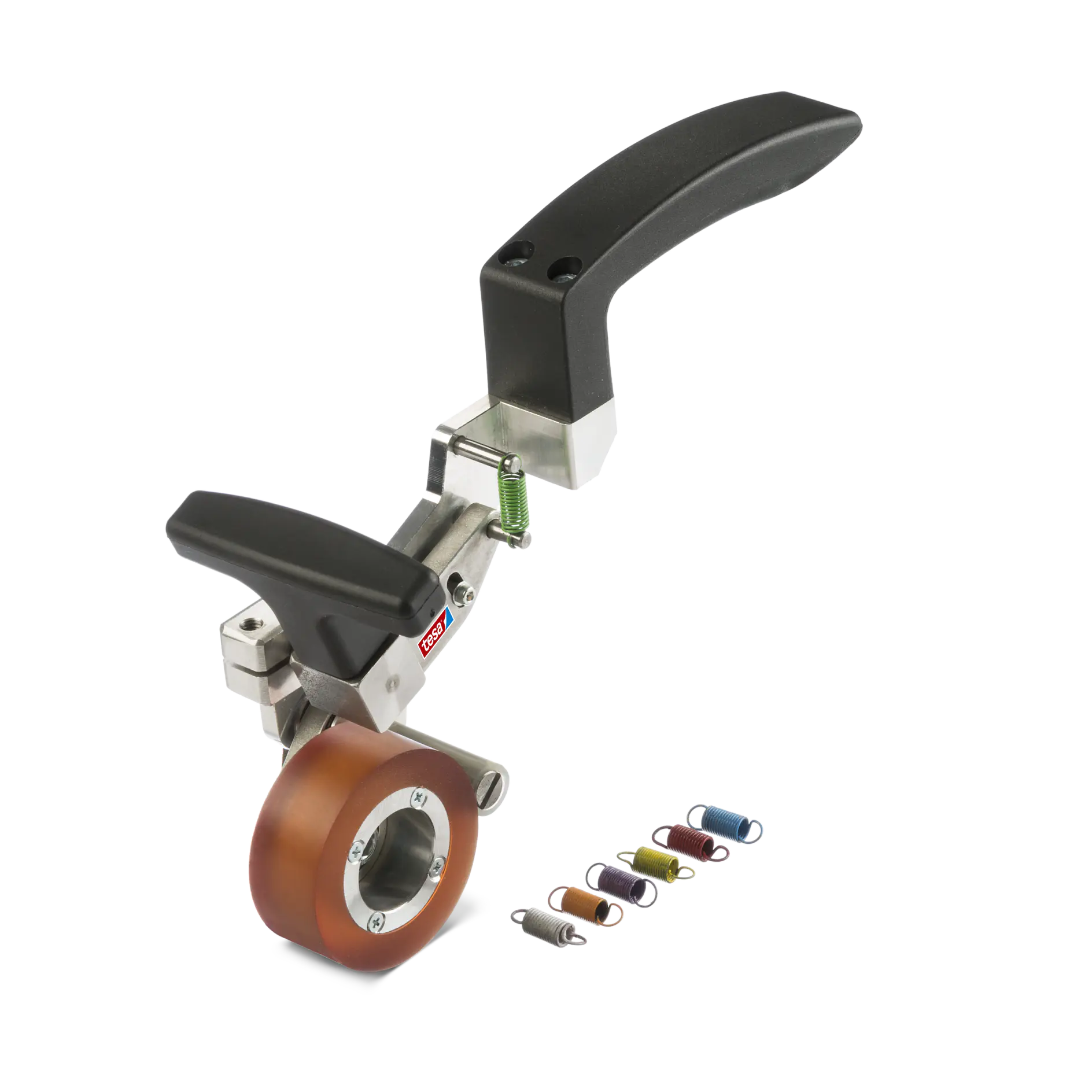 A tape dispenser with a brown roll of tesa tape and a black handle, featuring a metal cutting section. Several colorful spare parts are arranged in a row beside it on a white background.