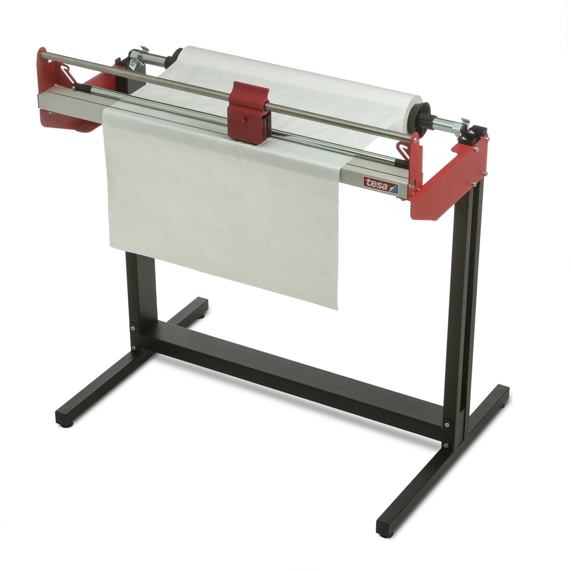 A paper roll cutter with a sturdy metal frame. It has a horizontal bar for holding the roll of tesa tape, and a blade mechanism, enclosed in a red casing, for cutting. The device stands on a flat surface with black legs.
