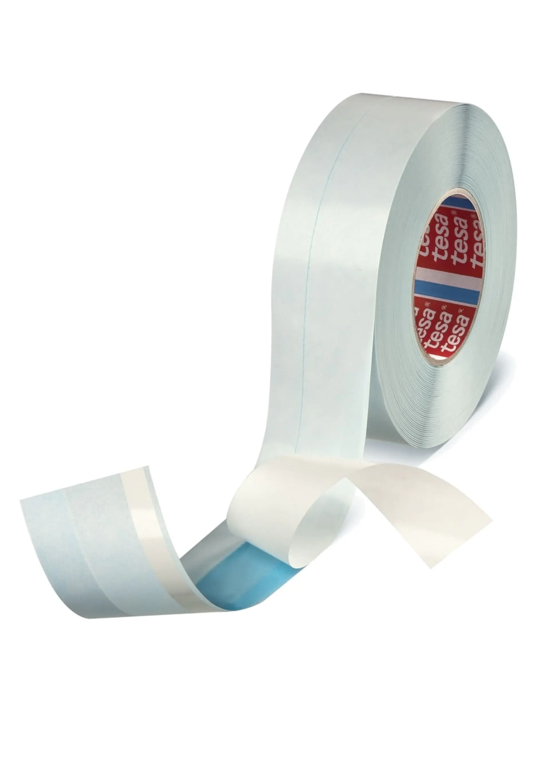 A roll of transparent adhesive tesa tape is partially unspooled, with tesa clearly visible on the inner core. The tesa tape has a slightly blue hue and a white strip peels away underneath.
