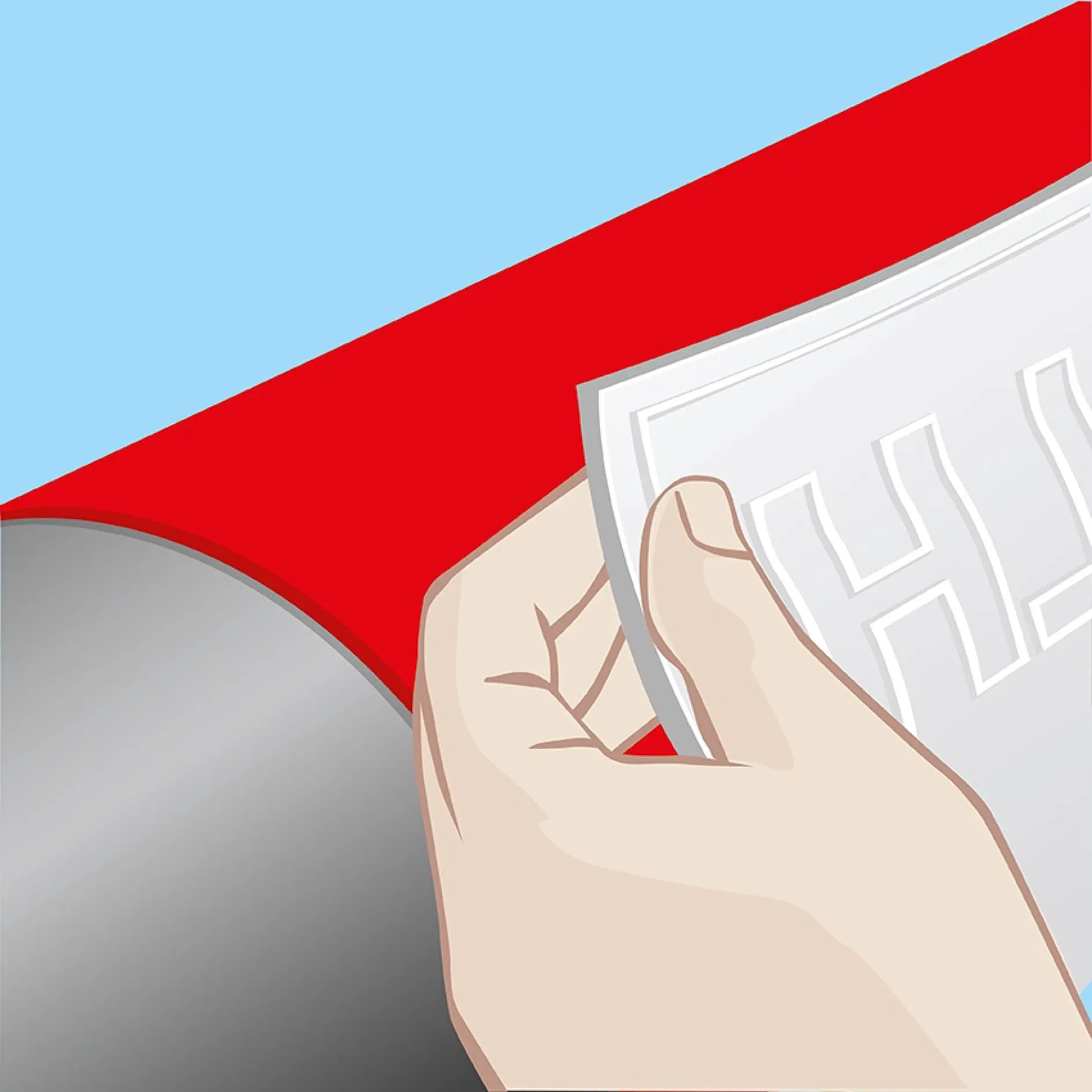Illustration of a hand holding and peeling back a white sheet of paper secured with tesa tape from a red surface, revealing a metallic gray cylinder. The paper has large, partially visible letters HI printed on it. The background is light blue.
