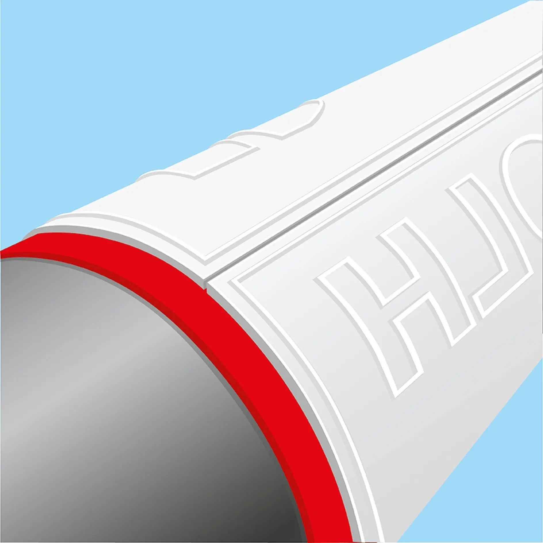 Illustration of a toothpaste tube with a red cap on a light blue background. The tube is shown from an angled perspective, highlighting the white body and partially visible embossed text.