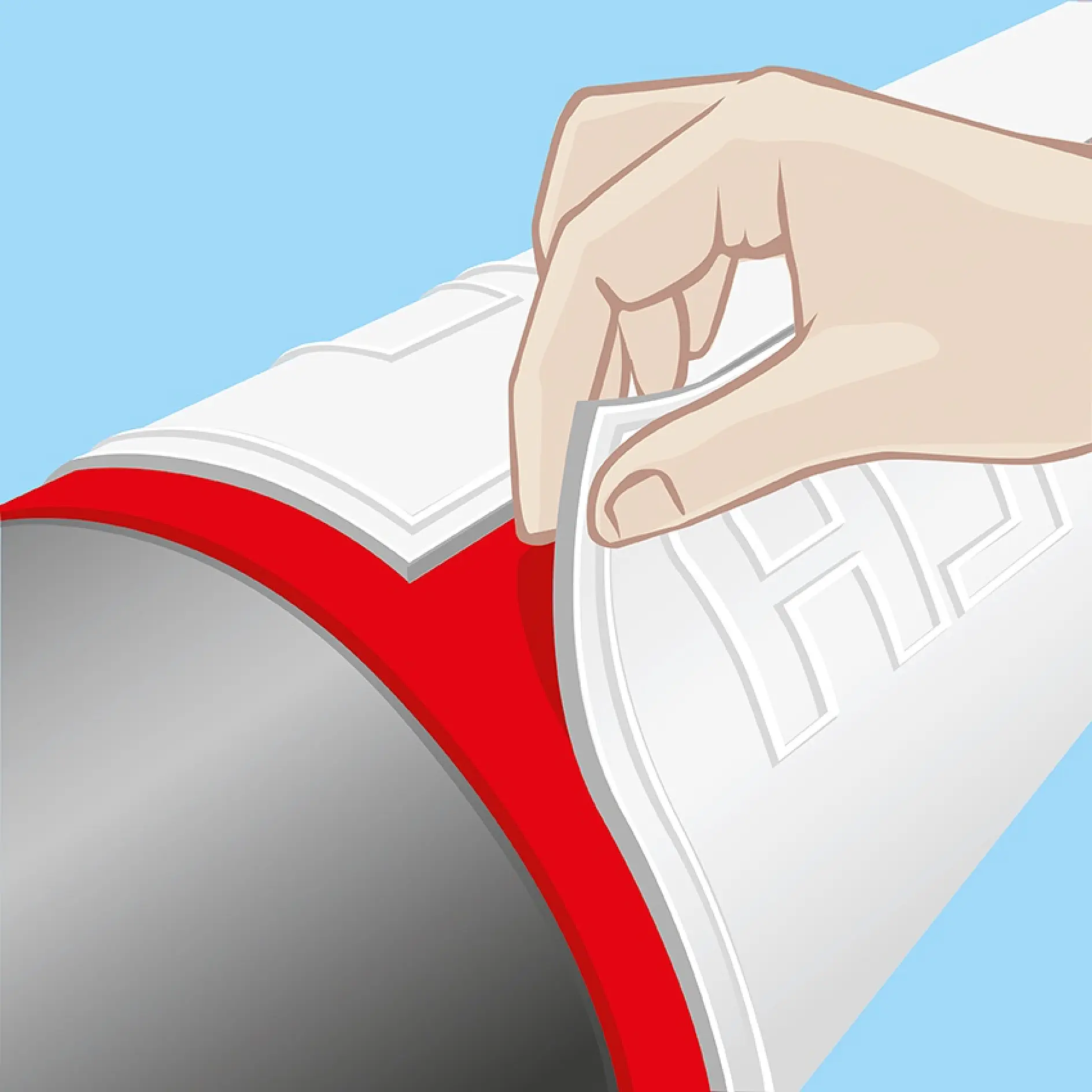 Illustration of a hand peeling back the label of a cylindrical container, revealing a red layer underneath. The background is light blue.
