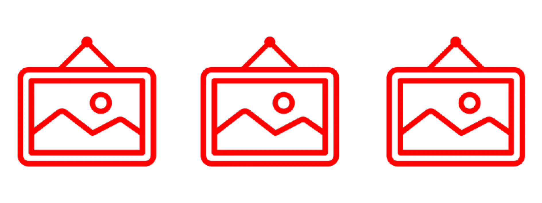 Three red outlined icons of framed landscape pictures with a circle in each. Each frame has a triangle on top, resembling a hanging hook. The images are identical and aligned horizontally, suggesting they might be secured with tesa tape. (This text has been generated by AI)