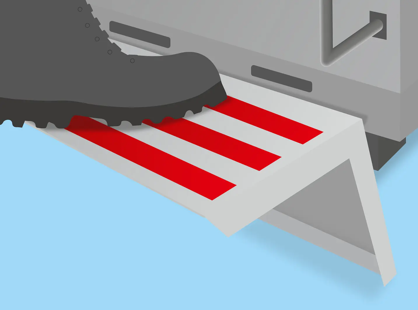 A boot steps on a red and white striped lever protruding from a device. The background is blue. (This text has been generated by AI)