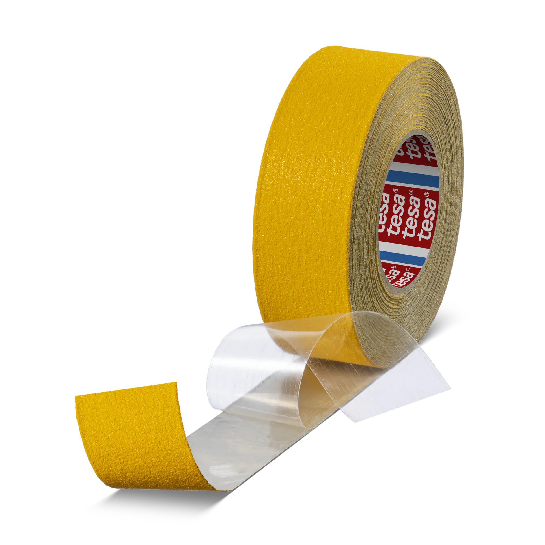 A roll of yellow tesa tape with the end slightly peeled back, revealing a clear adhesive side beneath the yellow exterior. The inside of the roll features branding with a red and blue pattern.
