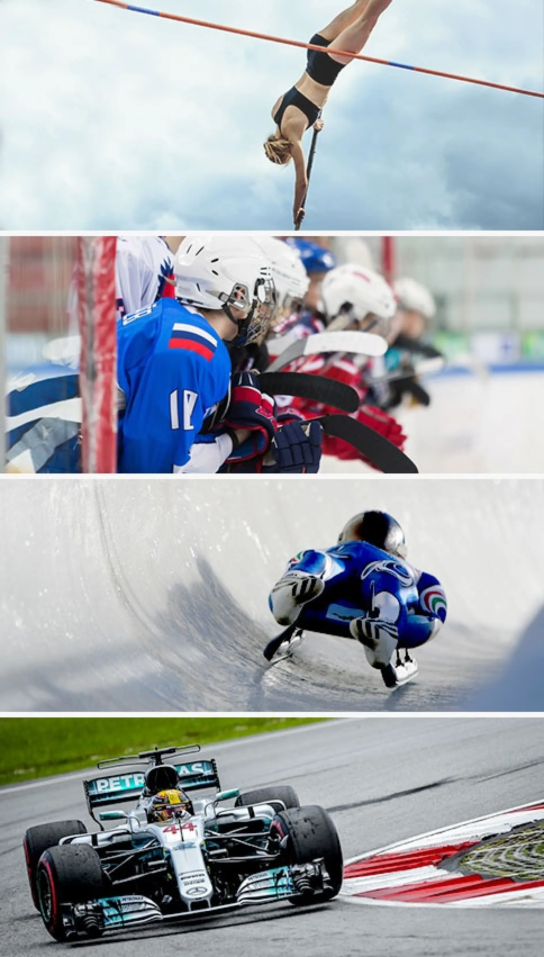 Collage of sports: A diver mid-air above water, ice hockey players on the bench, an athlete in a luge on an ice track, and a Formula 1 car on a racetrack.