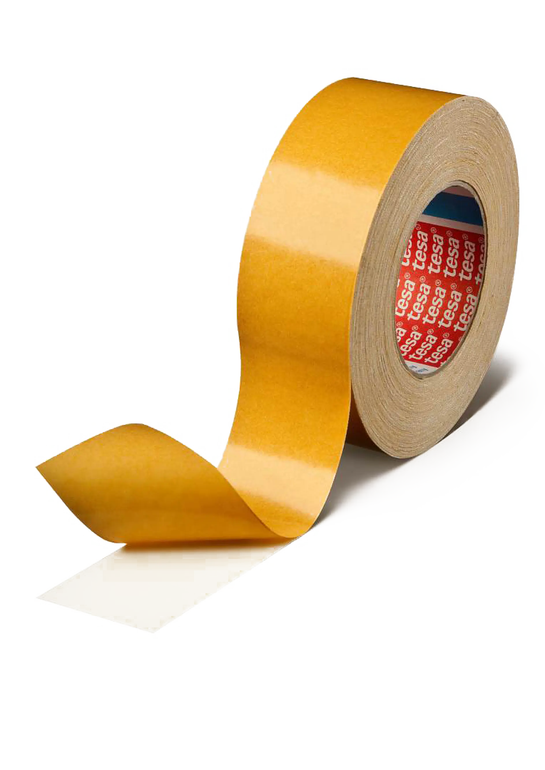 A roll of adhesive tesa tape with a yellow backing is partially unrolled. The inner core of the roll is red with white text. The tesa tape and its backing are positioned on a white background.