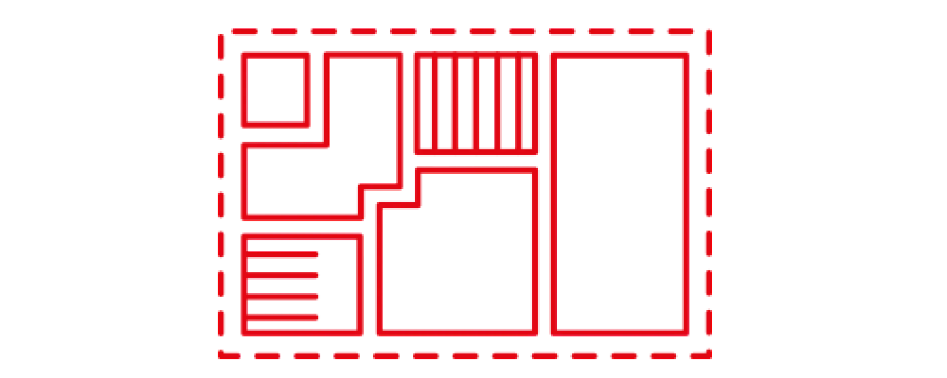 A black rectangular shape divided into several smaller rectangles by a red outline. The smaller sections vary in size and shape, with some having horizontal or vertical lines inside. The entire image is bordered by a red dashed tesa tape line.