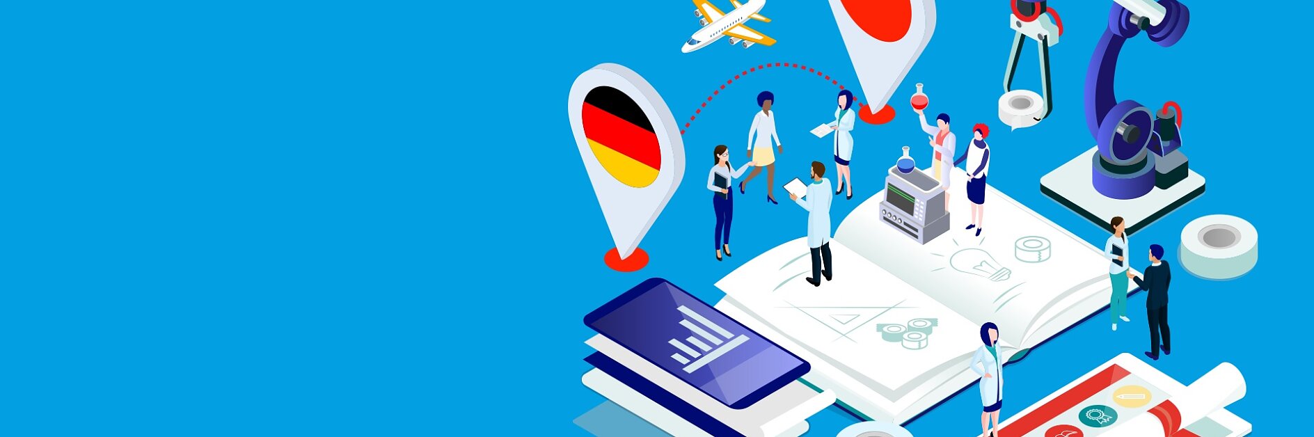Illustration of people engaging in scientific collaboration over an open book. There are flags of Germany and China, an airplane, and lab equipment. Figures are in conversation, implying international cooperation.