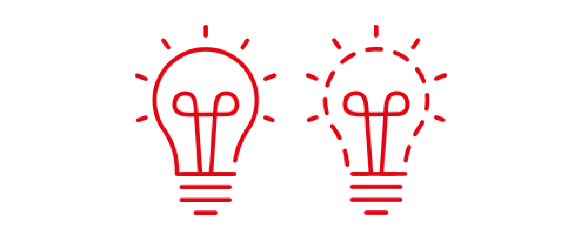 Two red line-art light bulbs side by side against a white background, with radiating dashed lines indicating illumination.