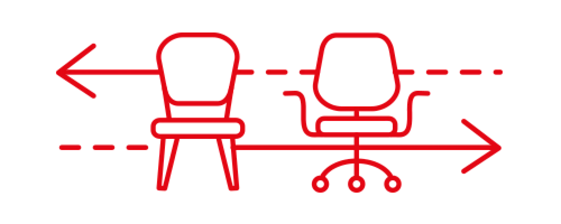Illustration of a stationary chair and an office chair on casters. Both chairs are outlined in red. Arrows point left and right, with dashed lines suggesting movement or transition between the two types of chairs, secured with tesa tape.