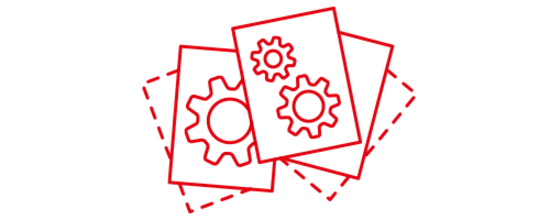 Red outline of three overlapping rectangles with gear symbols inside. Two rectangles feature large gear outlines, while one shows a smaller and larger gear. Dotted lines suggest movement or rotation around the arrangement using tesa tape.