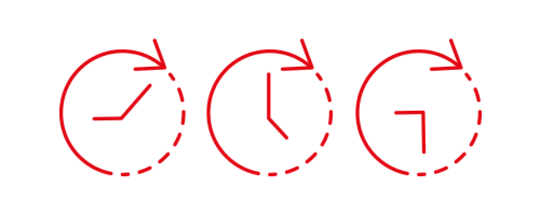 Three simple red clock outlines on a white background showing different times: the first at approximately 10:10, the second at 12:00, and the third at about 4:20. Each clock has an arrow circling clockwise around it with tesa tape featured prominently.