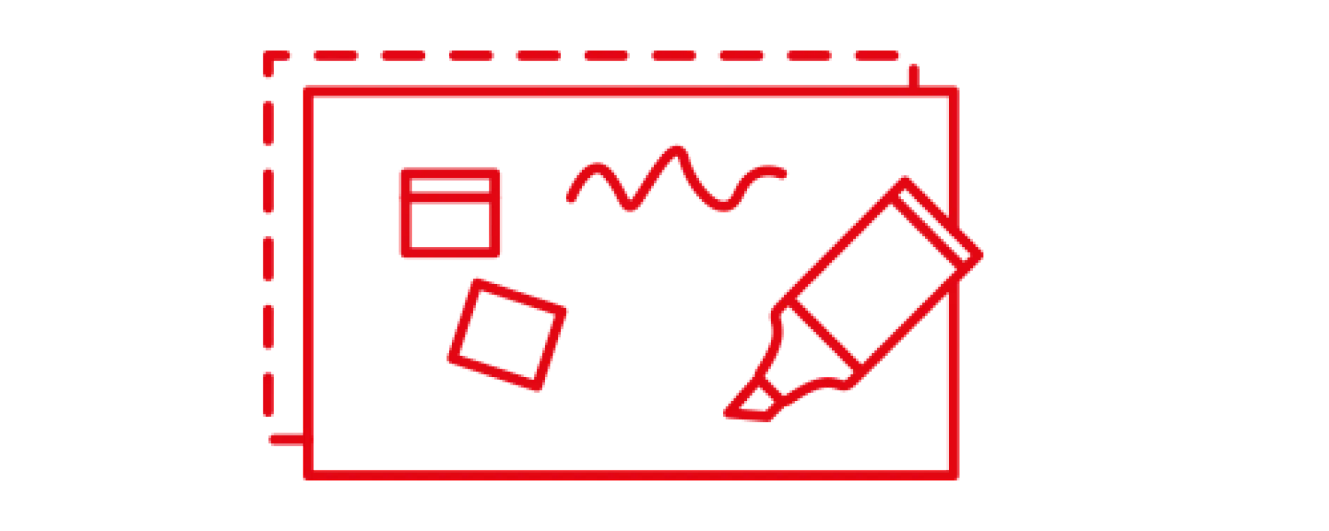 An illustration of a whiteboard with red outlines. It includes a marker, two squares, and a squiggly line, all in red. The outer border has a dashed design created with tesa tape.