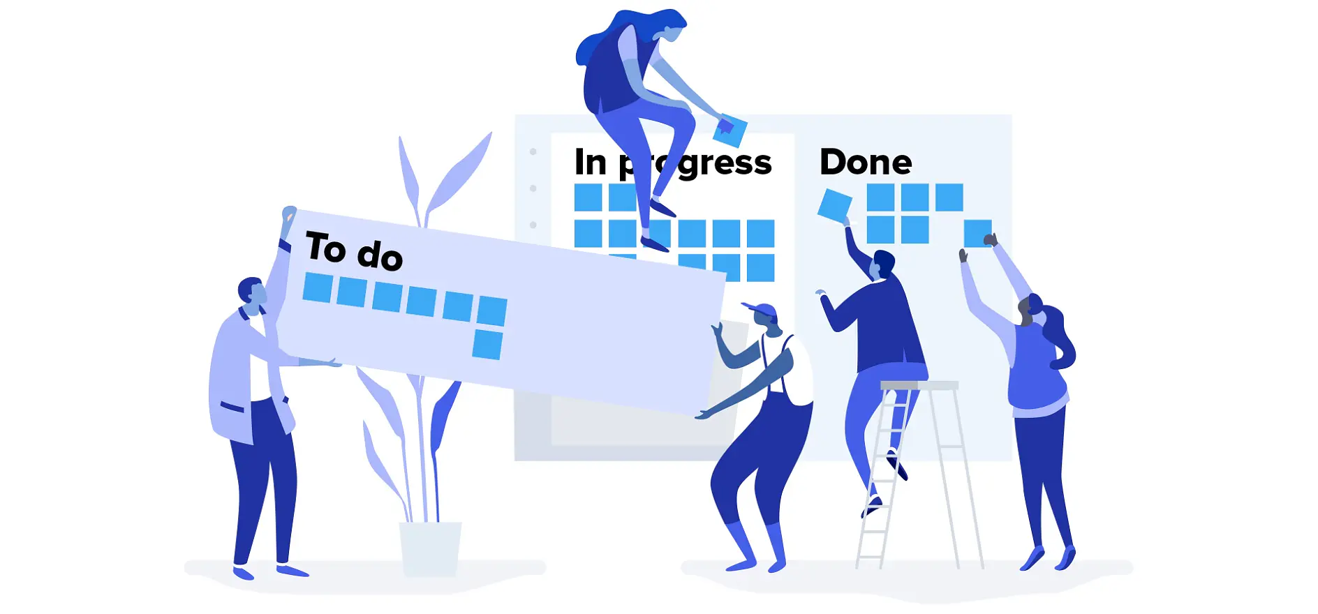 Illustration of five people using digital boards for task management. A person adds notes to a To do column with tesa tape, while others organize tasks under In progress and Done. A large plant is beside the board. The theme is teamwork and productivity.