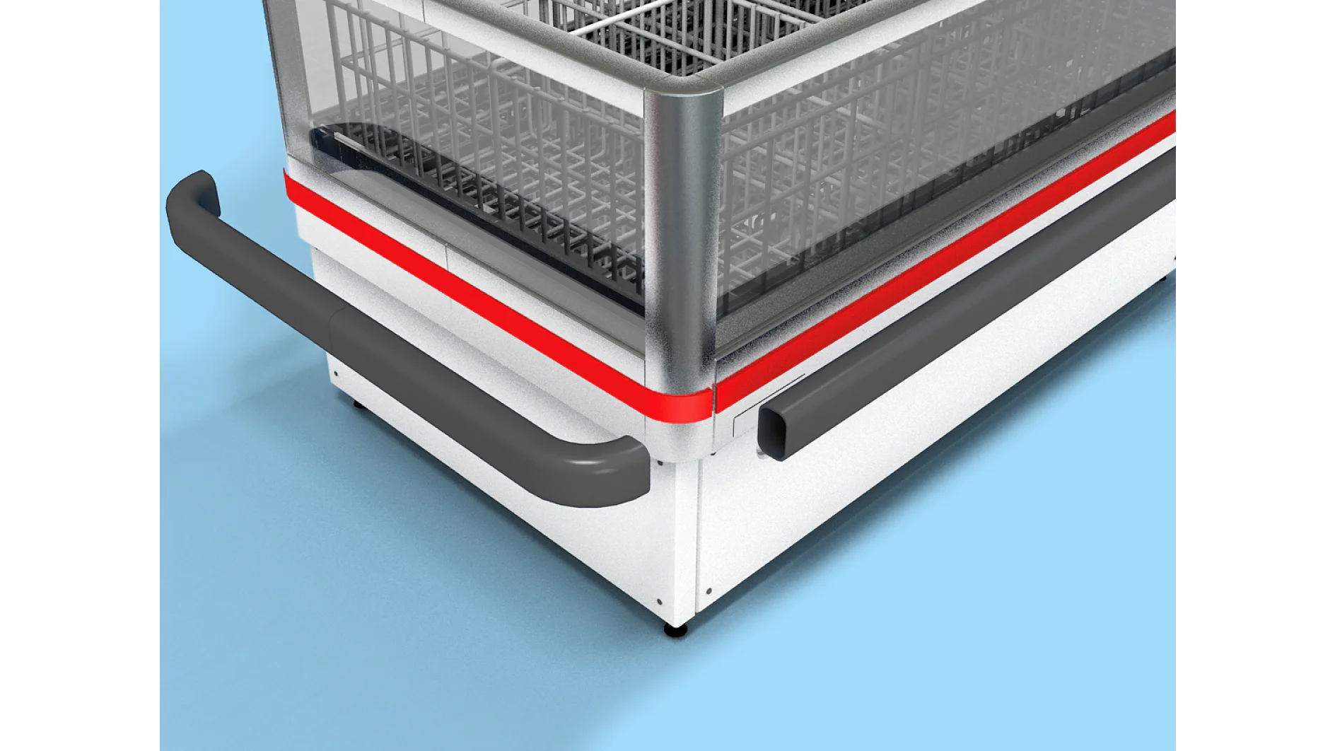 Commercial freezer corner with a clear top and metal grid interior. It has a red stripe and gray protective bumper on its side. The flooring is light blue, highlighting the freezers white and gray exterior. (This text has been generated by AI)