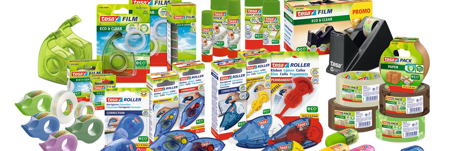 An assortment of office supplies branded with tesa is displayed, including tape dispensers, tesa tape rolls, correction rollers, and glue sticks. The products come in various translucent and opaque colors, with eco-friendly labels visible.