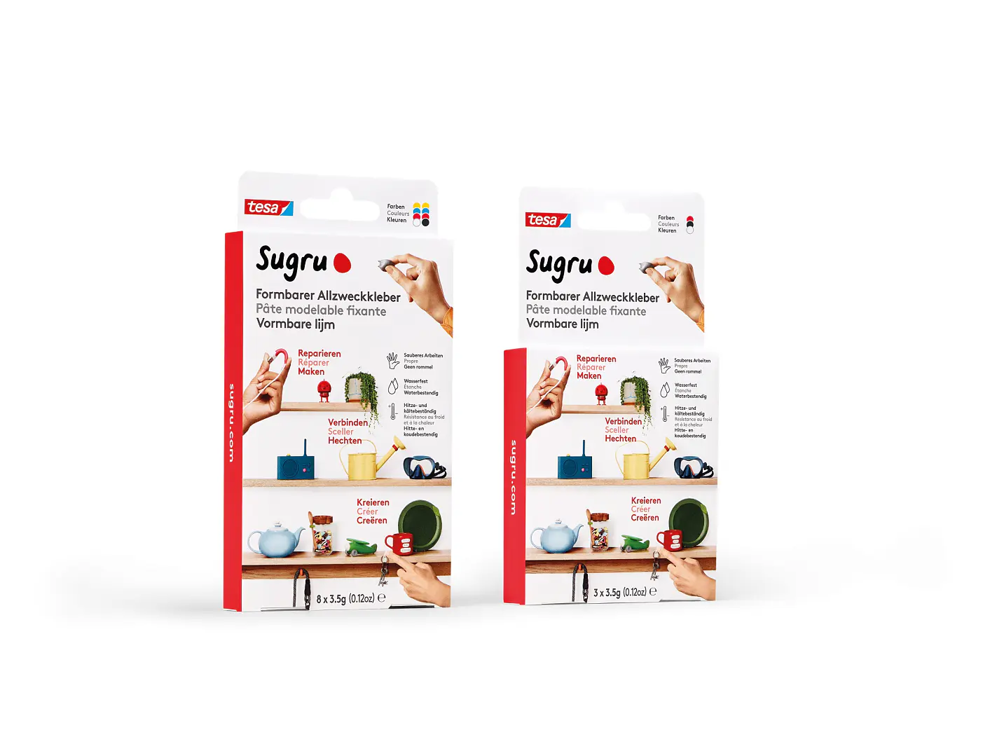 Two packages of Sugru moldable glue are displayed side by side. Each package shows images demonstrating the products uses, including repairing items like electronics and ceramics. The packaging features red and white colors with various icons, as well as references to tesa tape for additional repair options. (This text has been generated by AI)