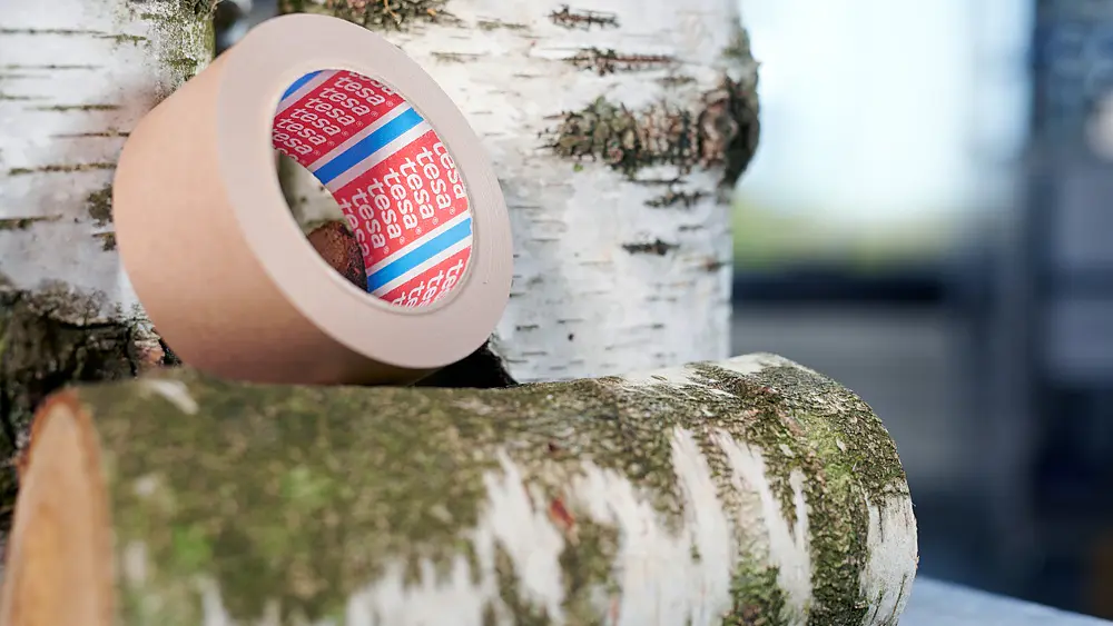 A roll of brown adhesive tesa tape is placed on a moss-covered log with other birch logs in the background. The scene is lit in natural light, emphasizing the texture of the tesa tape and the logs.