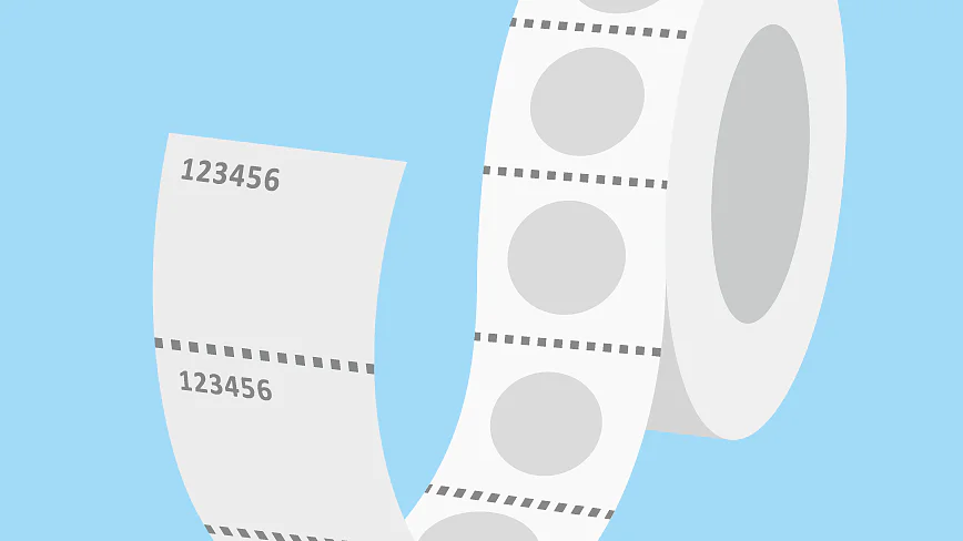Illustration of a roll of tesa tape ticket paper against a light blue background. The paper displays a series of circular perforated sections and numerical codes, such as 123456, in printed gray text. (This text has been generated by AI)