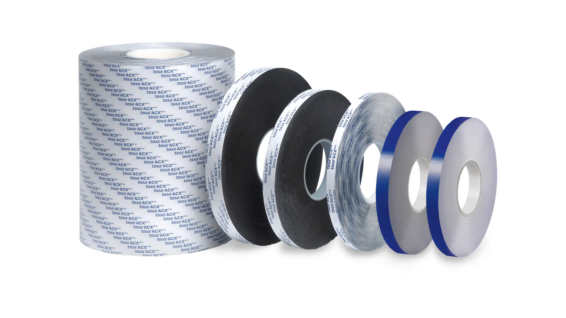 A group of six tesa tape rolls of various widths and colors is displayed. The rolls vary in size and are lined up from largest to smallest. The tesa tapes have different textures and patterns, including a branded design on the leftmost roll. (This text has been generated by AI)