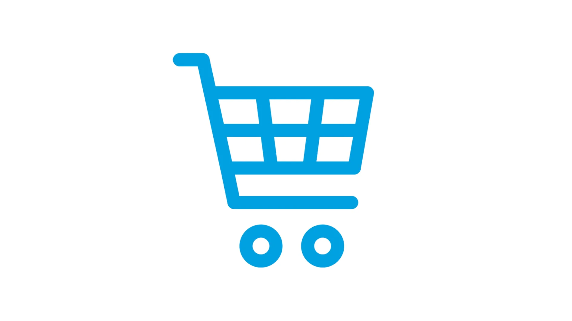 A simple blue icon of a shopping cart with four squares representing the basket area, and two wheels at the bottom, centered on a white background. (This text has been generated by AI)