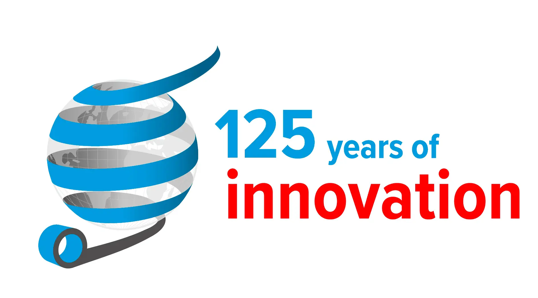 A blue and gray globe wrapped in a tesa tape ribbon is on the left. To the right, the text reads 125 years of innovation with 125 years of in blue and innovation in red, against a white background.