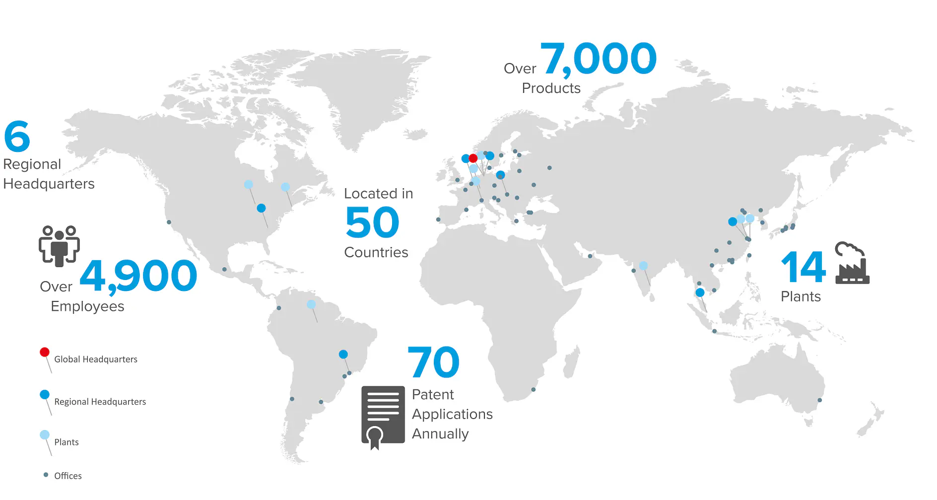 World map with data points including: 1 global headquarters, 6 regional headquarters, 4,900 employees, 7,000 products, 14 plants using tesa tape, locations in 50 countries where tesa tape is present, and 70 patent applications annually related to tesa tape. Blue dots indicate locations of offices and plants associated with tesa tape. (This text has been generated by AI)