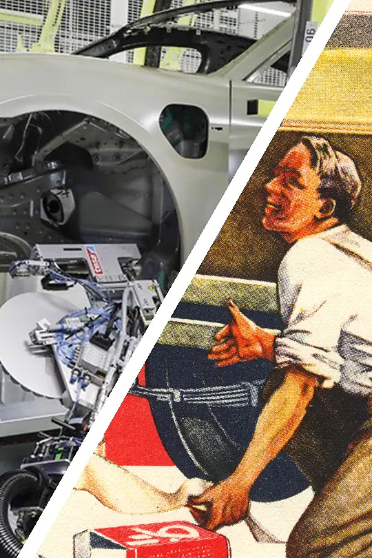 A collage image split diagonally. On the left, an industrial robot in a factory setting working on an automotive assembly line with tesa tape. On the right, a vintage illustration of a worker kneeling beside a car tire, holding a lug wrench near tesa tape. (This text has been generated by AI)