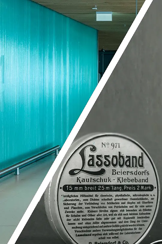 A turquoise wall with a metal rail is on the left. On the right, there is a vintage tin container labeled Lassoband with German text, including specifications like 15 mm breit 25 m lang. The image is divided diagonally. (This text has been generated by AI)