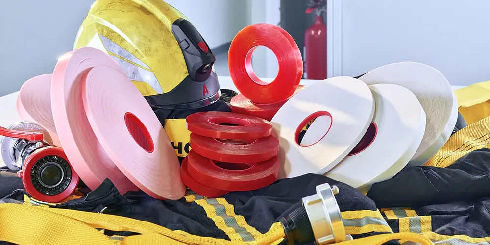 A collection of red and white tesa tape rolls is displayed alongside a yellow firefighter helmet, protective clothing, and a yellow strap. A red fire extinguisher is visible in the background.