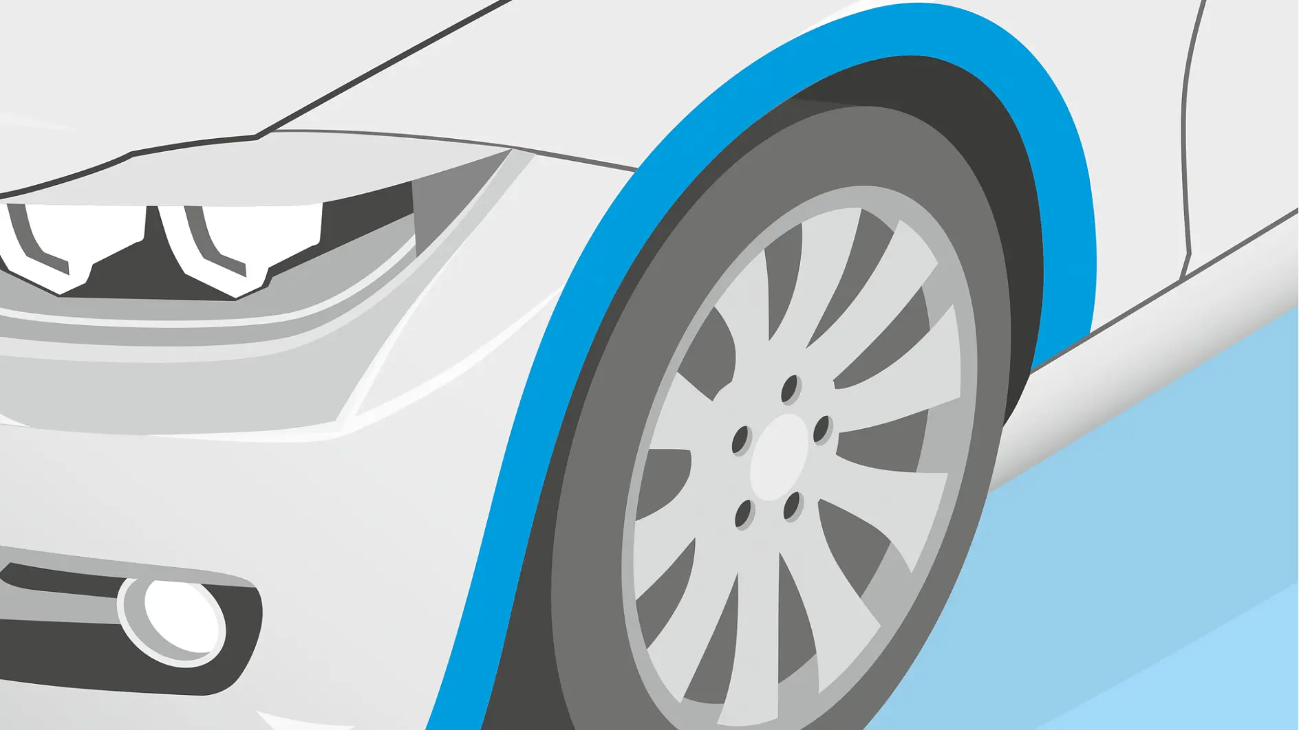 Illustration of the front section of a white car with stylized headlights and detailed wheel. The design features a blue accent line along the edge of the wheel arch, emphasizing the modern and sleek appearance of the vehicle, created using tesa tape. (This text has been generated by AI)