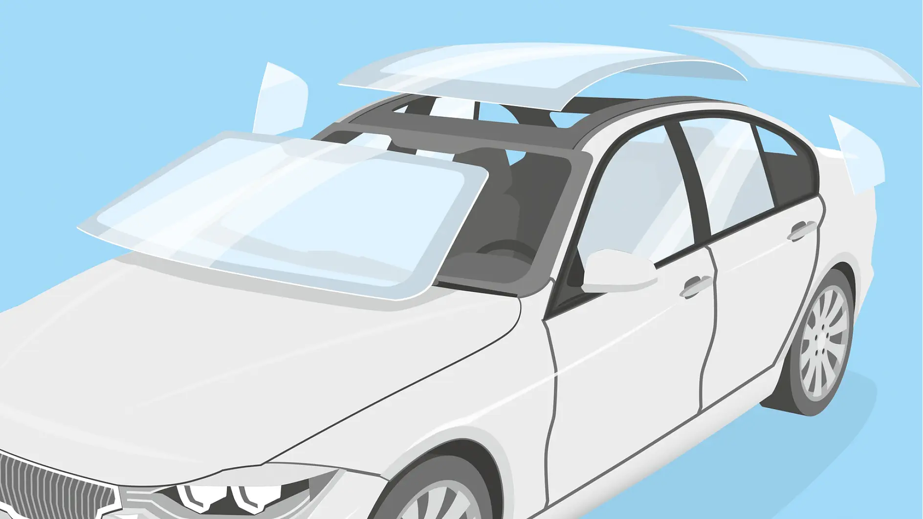 Illustration of a white car with its windshield, side windows, and sunroof removed and floating above it. The image shows a deconstructed view of the cars glass elements against a blue background. (This text has been generated by AI)
