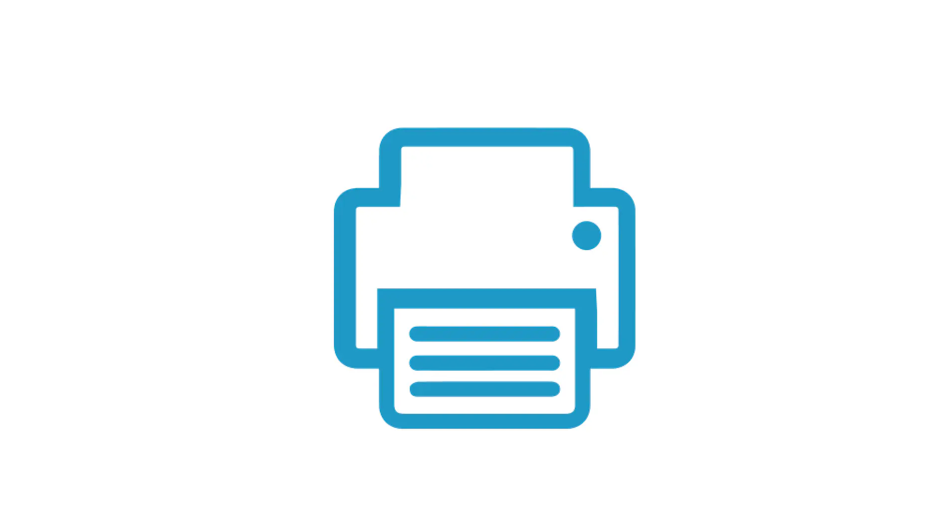 A simple line drawing of a blue printer icon on a white background. The printer has a paper with horizontal lines partially coming out of it, held in place by tesa tape. (This text has been generated by AI)