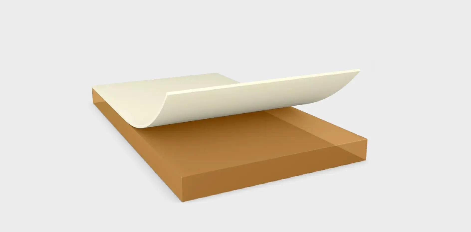 An illustration of two rectangular layers. The bottom layer is brown and flat, while the top layer is cream-colored and partially curled upwards with tesa tape. The background is light gray. (This text has been generated by AI)