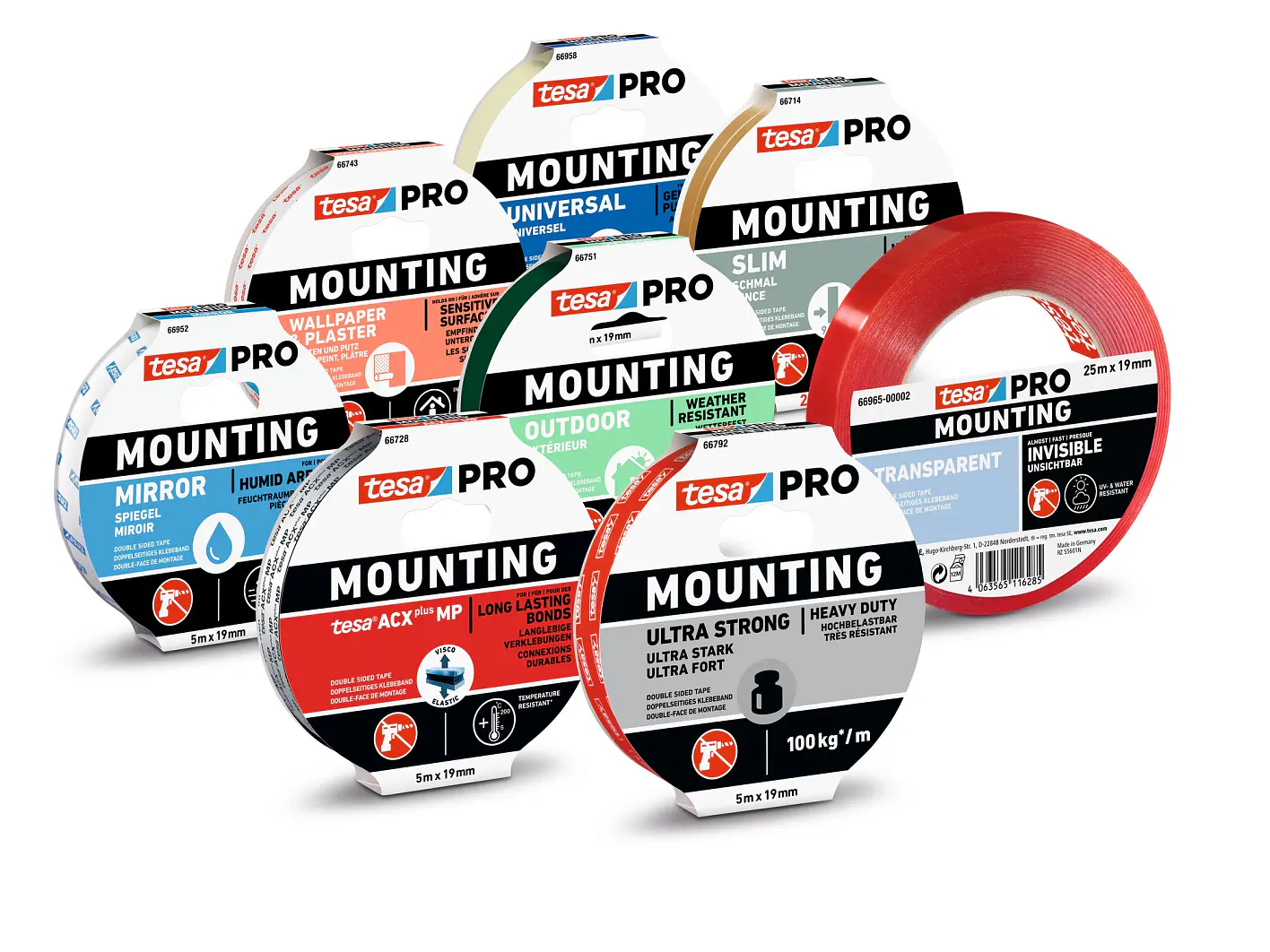 A collection of tesa PRO mounting tapes in various types. The image shows seven different packaging designs, including options for mirrors, wallpaper, outdoor use, and heavy-duty mounting. Each package displays specific features and weight capacities. (This text has been generated by AI)