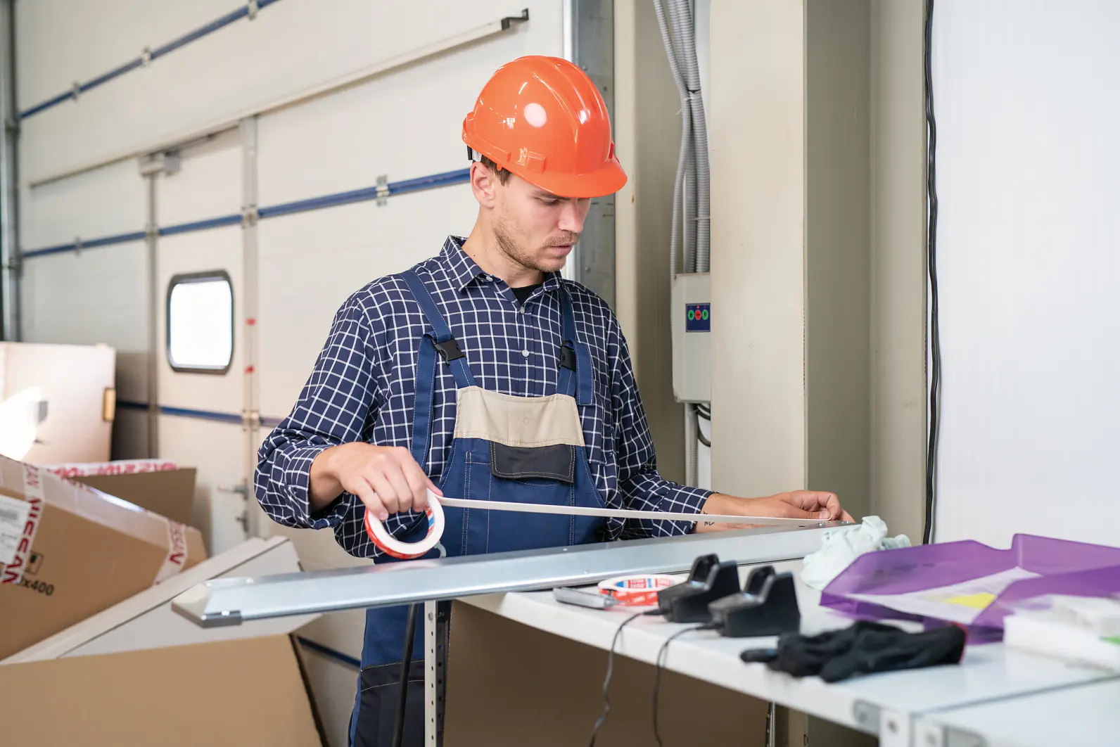 A man in a checkered shirt and overalls, wearing an orange hard hat, is working with LED lighting fixtures. He stands in a workshop with various tools and materials on the table, including tesa tape. A large partially opened cardboard box is in the background. (This text has been generated by AI)