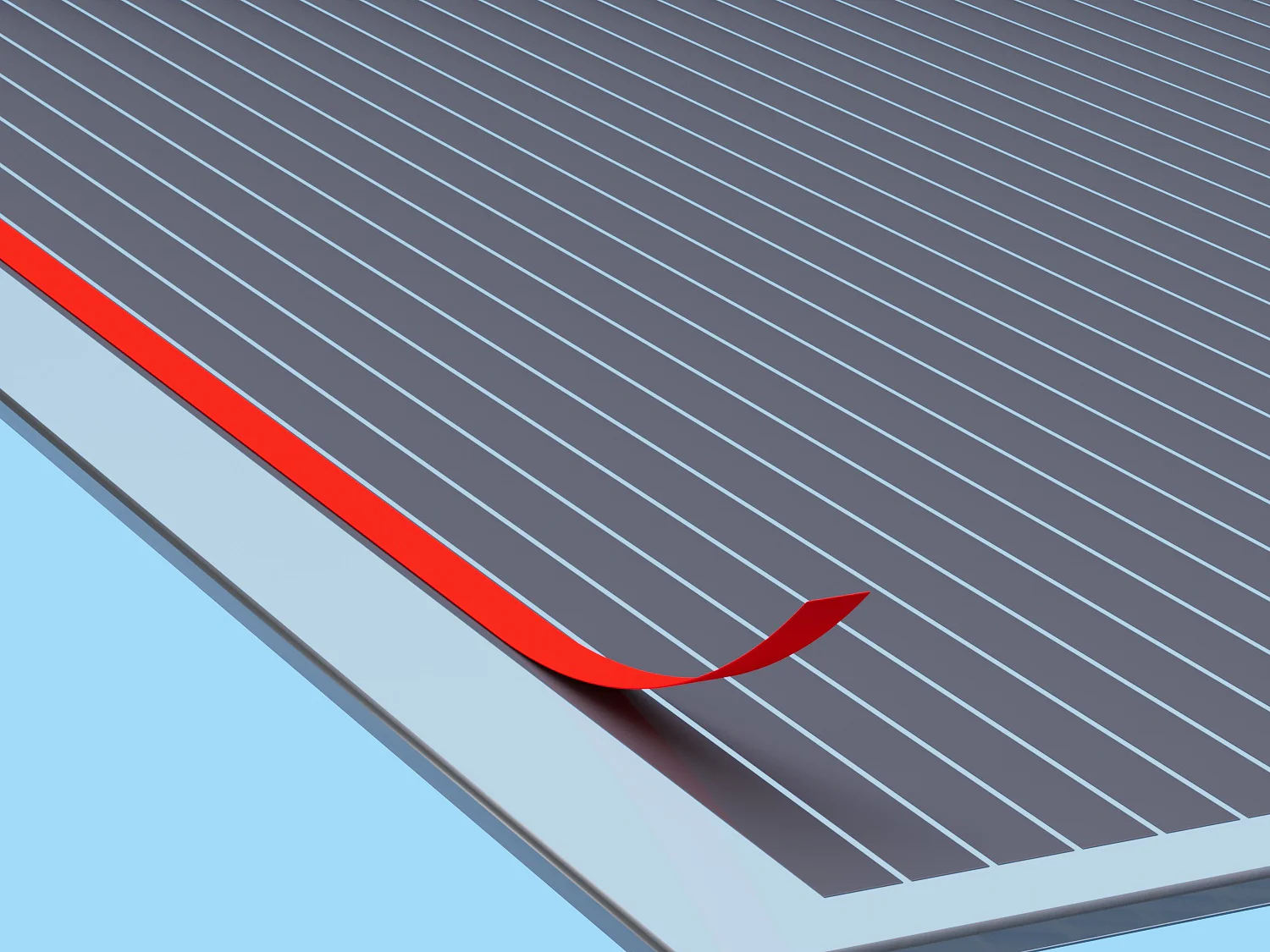 A close-up of a sheet with thin, parallel, white lines on a dark surface. A strip of red tesa tape is partially peeled back from the sheet, revealing the light blue background underneath. The sheet and tesa tape are arranged at an angle. (This text has been generated by AI)