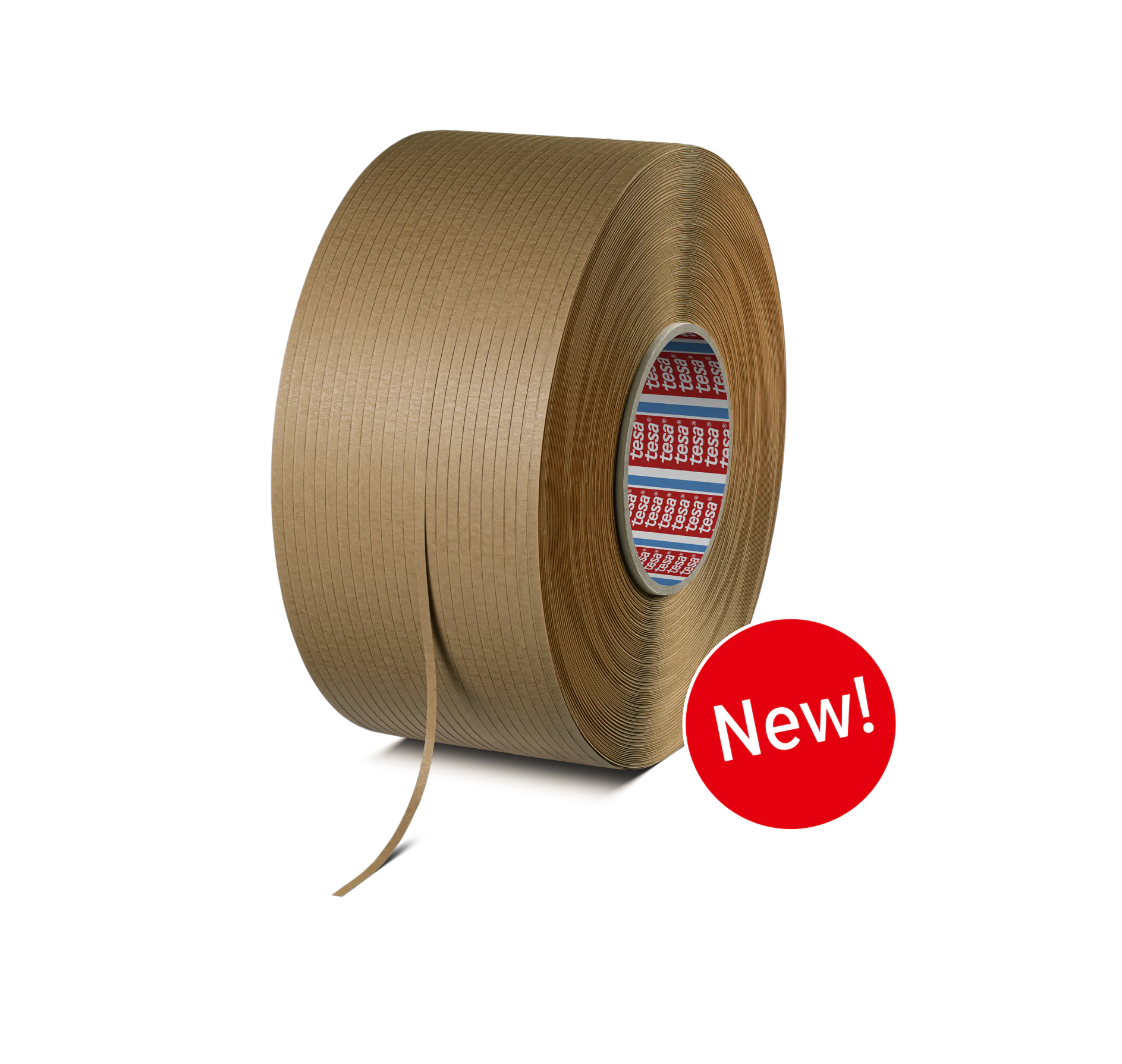 A large roll of brown packaging tesa tape is positioned upright, with a strip partially unrolled. The inside of the roll features a red and white label. A red circle with the word New! is displayed near the tesa tape. (This text has been generated by AI)
