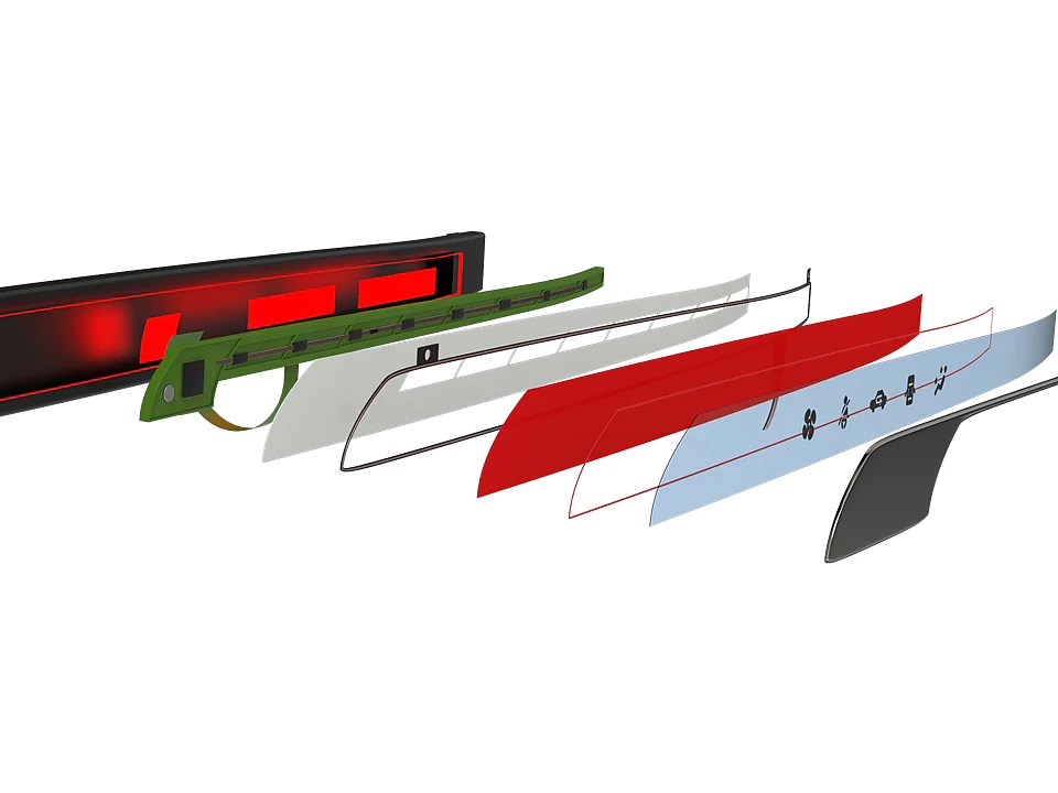 An exploded view of a cars rear brake light assembly. The image includes layers such as the outer lens, housing, and internal components, showcasing the lights construction and individual parts in a horizontal arrangement. Included in this setup is tesa tape for secure fastening and optimal performance of the assembly components. (This text has been generated by AI)
