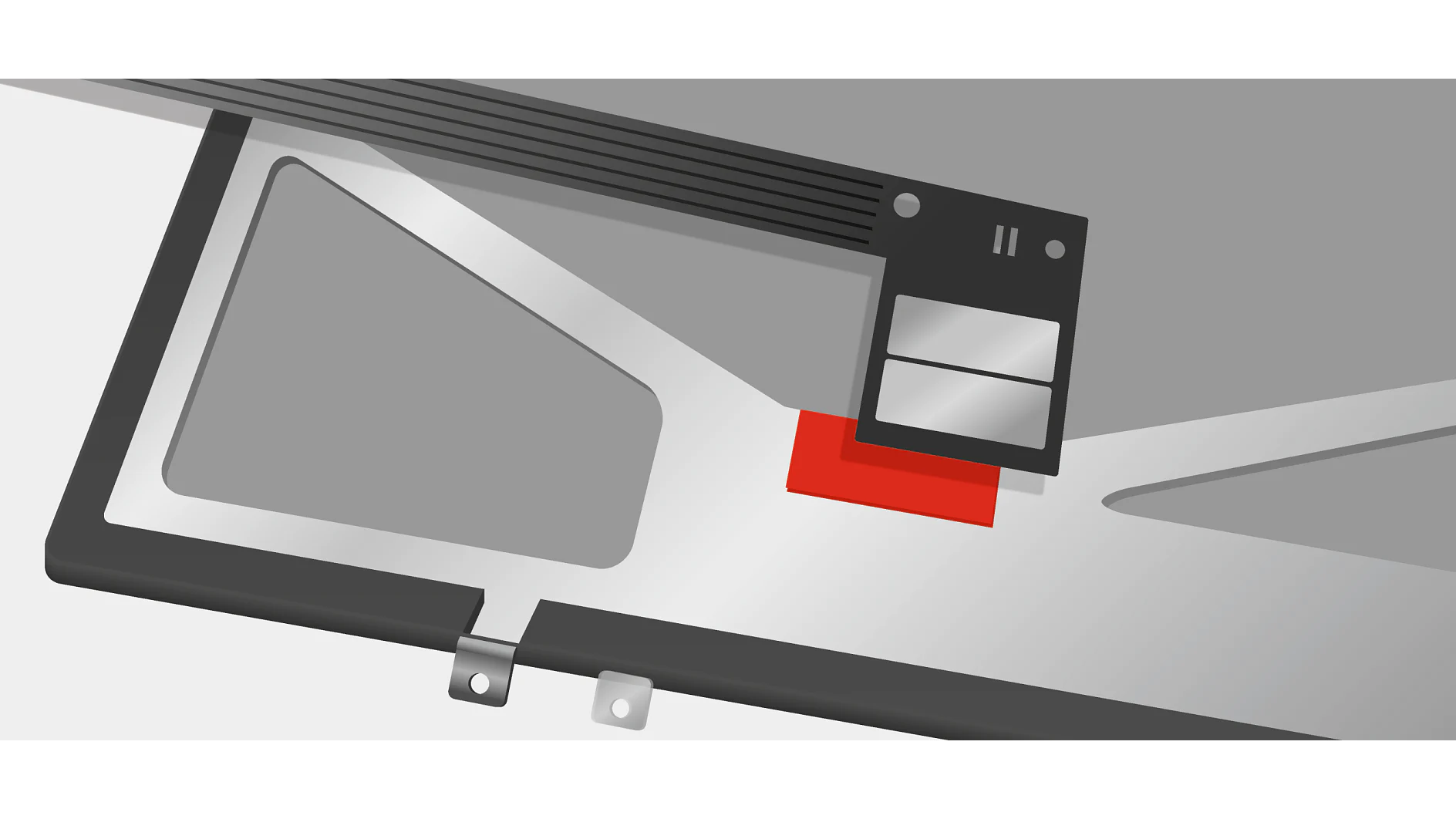 Illustration of a vinyl record player with a black tonearm and cartridge above a record. A red portion is visible on the turntable base, along with geometric shapes and a grey background. The tonearm, made using tesa tape, is positioned over the stylus. (This text has been generated by AI)
