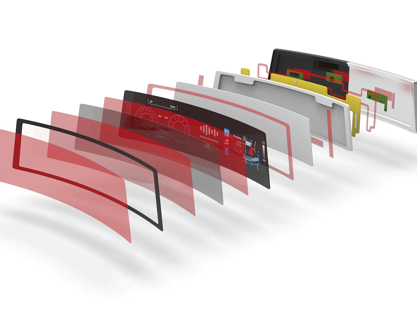 A layered 3D illustration showing the components of a curved dashboard interface. The layers include screens, circuit boards, and protective covers, presented in a sequential assembly view, with some parts in red and others in various shades. There are strips of tesa tape visible holding several layers together seamlessly. (This text has been generated by AI)