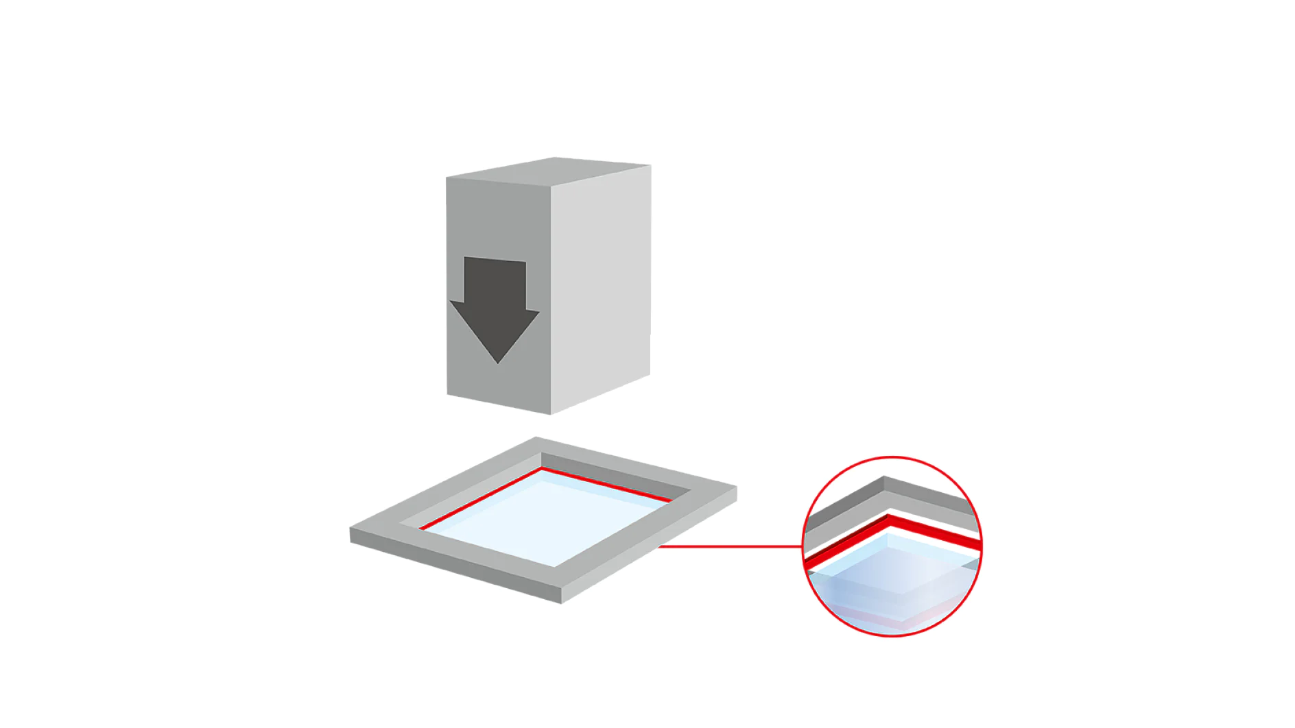 Illustration of a gray industrial machine dispensing material onto a blue surface, highlighted by a red background. A close-up circular inset shows a magnified view of the edge with layers of tesa tape and an arrow indicating movement. (This text has been generated by AI)