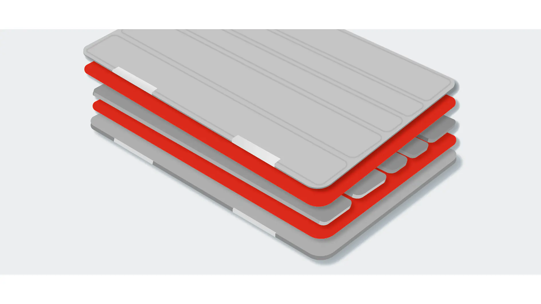 The image shows a stack of four closed, folding smart covers in a gray and red color scheme, viewed from an angle. The covers have a segmented design and appear to be for tablet devices. (This text has been generated by AI)
